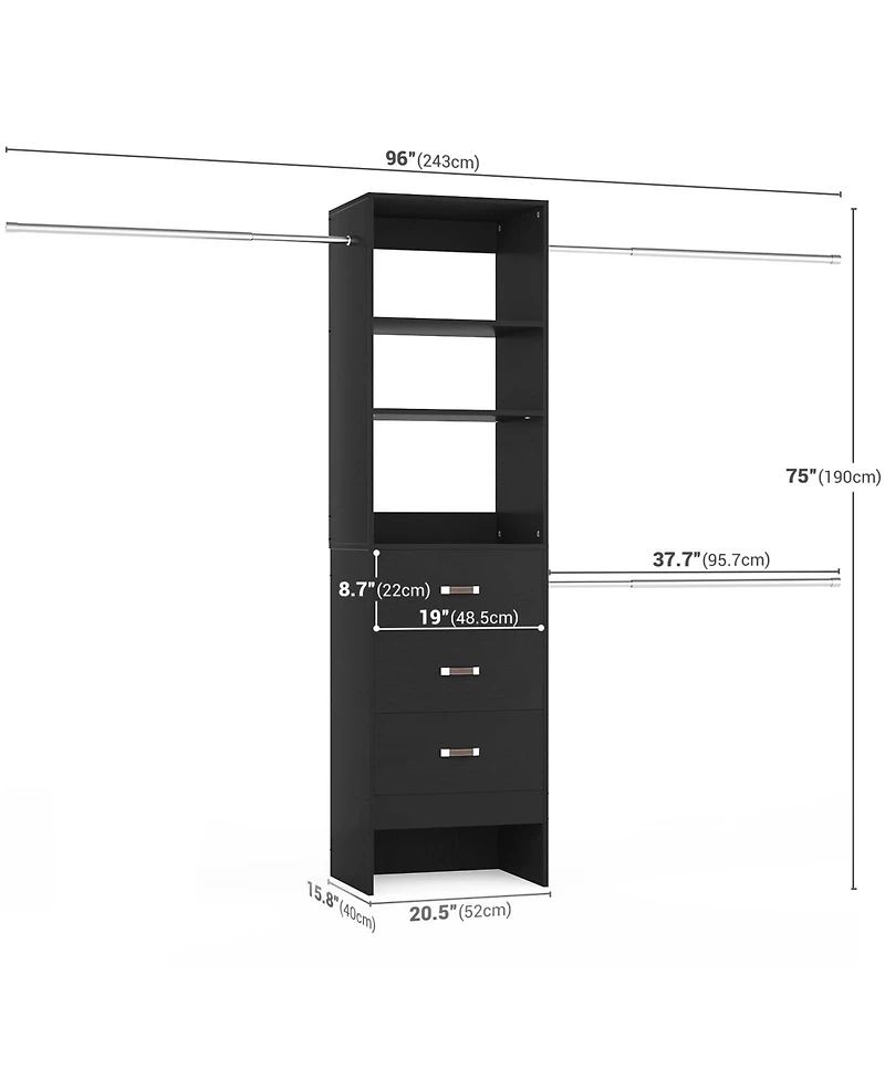Aheaplus 5-8FT Adjustable Closet Organizer System with 3 Drawers & Hanging Rods, Clothes Rack for Organization