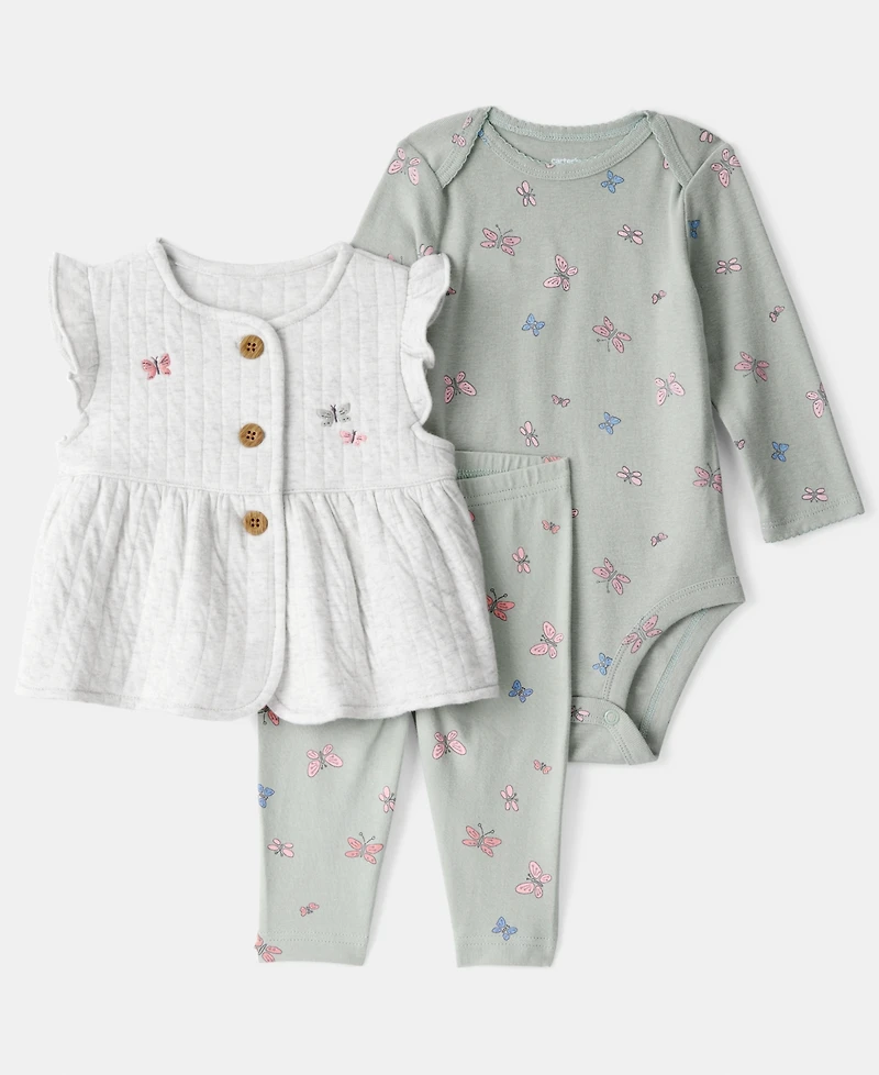Carter's Baby Girls 3-Piece Butterfly Vest, Bodysuit and Pants Set