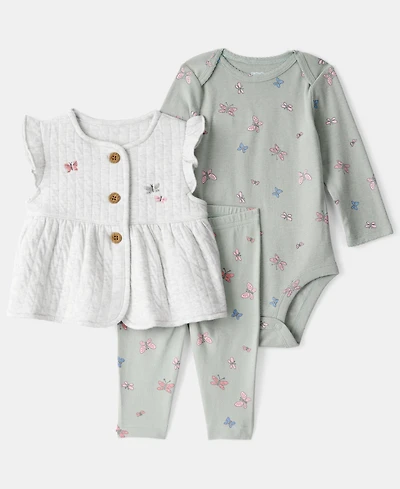Carter's Baby Girls 3-Piece Butterfly Vest, Bodysuit and Pants Set