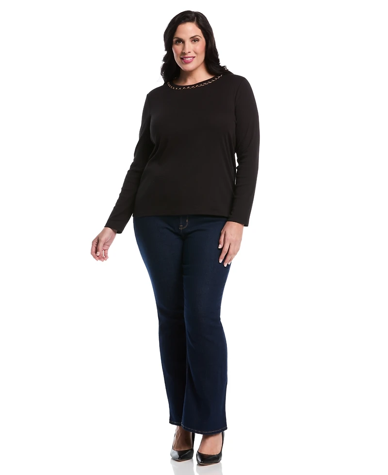 Rafaella Women's Plus Chain Neck Detail Long Sleeve Top