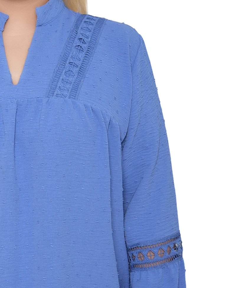 Ny Collection Women's Plus Crochet Trim Long Sleeve Blouse Top