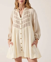 Modenaire Women's Textured Sheer Panel Pintuck Shirt Dress
