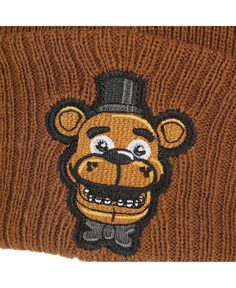 Five Nights At Freddy'S Men's Freddy Fazbear Fuzzy Jaquard And Freddy Embroidery Knit Cuff Beanie With Pom Cuff Beanie
