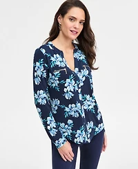 Jm Collection Petite Audra Floral Long-Sleeve Zipper Top, Macy's Exclusive