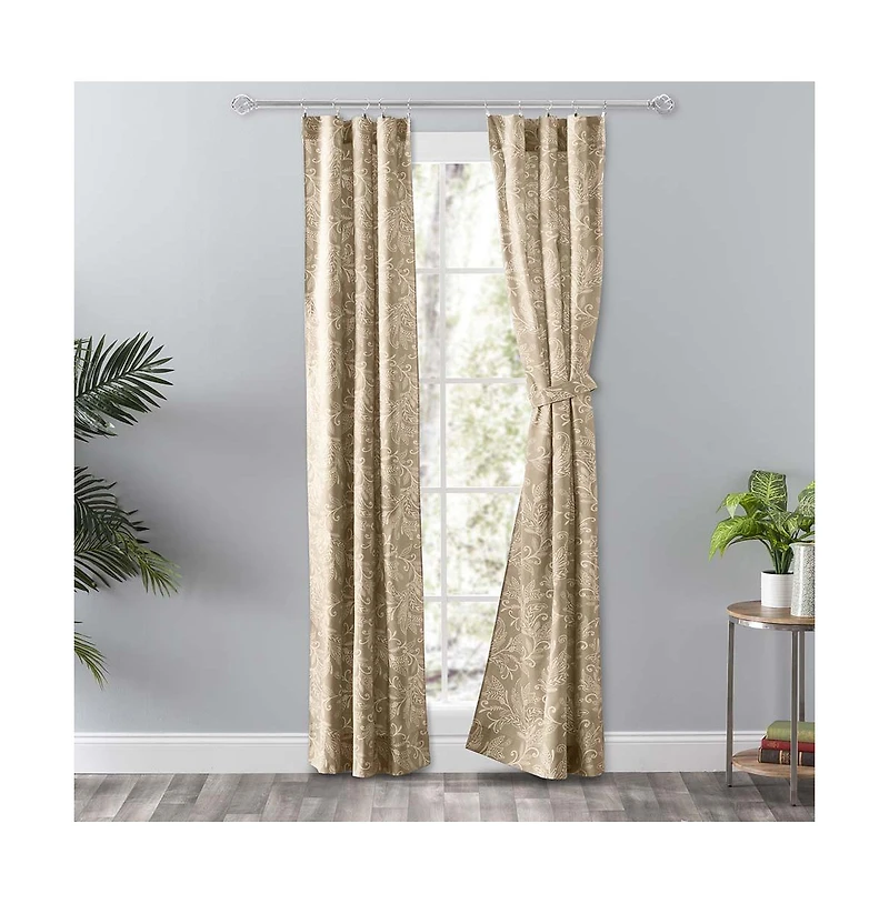Ellis Curtain Lexington Leaf Pattern on Colored Ground Curtain Pair with Ties 56"x84" Tan