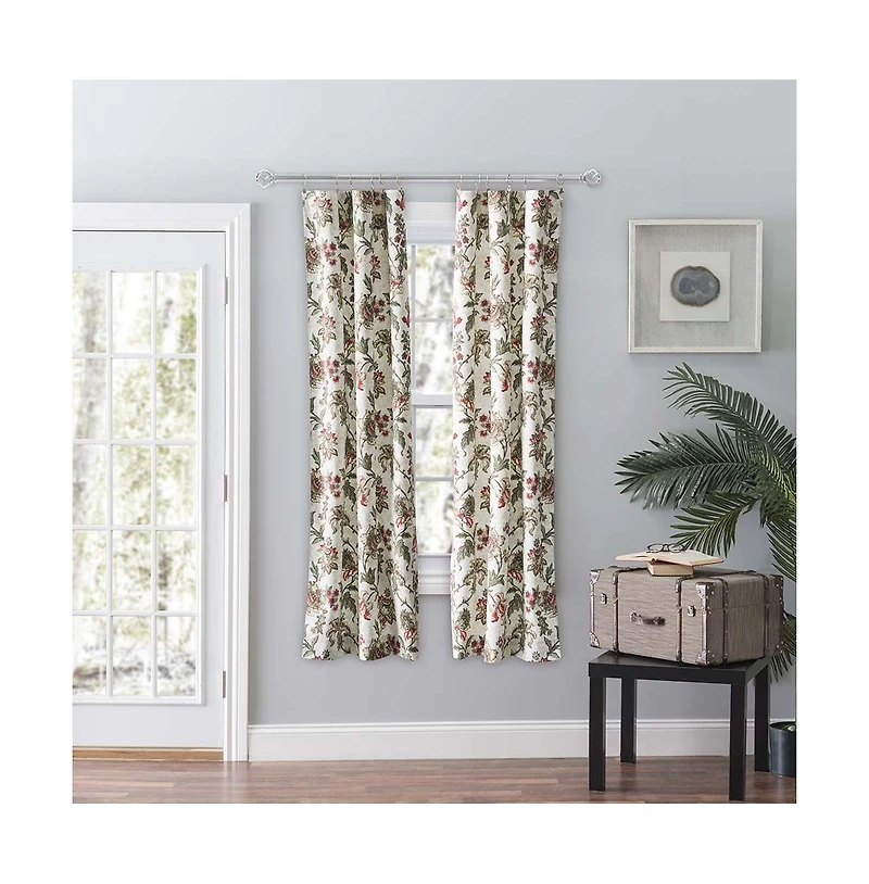 Ellis Curtain Madison Floral Printed Natural Ground 3" Rod Pocket Tailored Panel Pair with Tiebacks 56" x 63" Brick