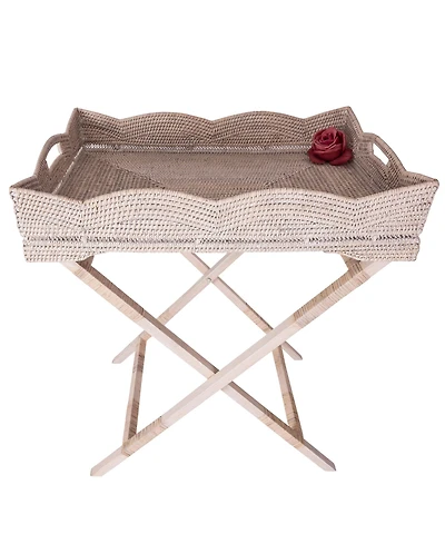 Artifacts Rattan Scallop Design Butler Tray with Wooden Legs