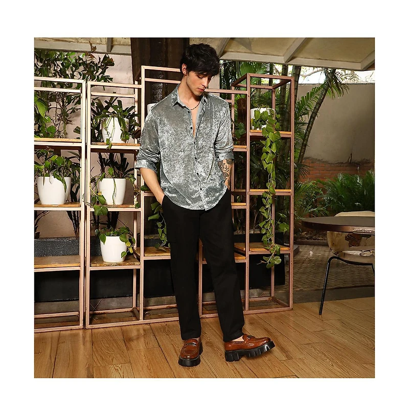 Campus Sutra Men's Sage Green Solid Velvet Shirt