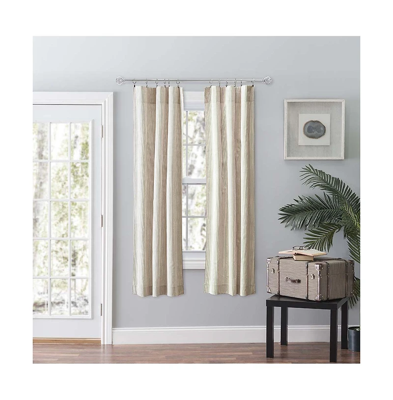 Ellis Curtain Plaza Classic Ticking Stripe Printed 3" Rod Pocket Tailored Panel Pair with Tiebacks 56" x 63" Tan