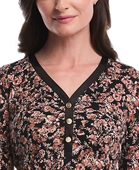 Rafaella Petite Floral Print 3/4 Puff Sleeve V-Neck Top