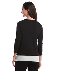 Rafaella Petite Rivet Detail Mixed Media Layered 3/4 Sleeve Top