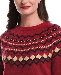 Rafaella Petite Crew Neck Fair Isle Long Sleeve Sweater
