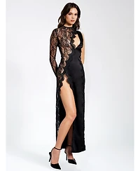 Miss Circle Women's Weslyn Black Satin Lace High Slit Dress