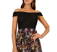 Adrianna Papell Women's Off-Shoulder Embroidered Combo Gown