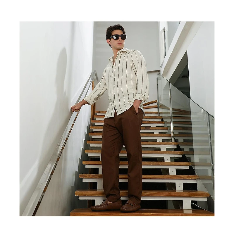 Campus Sutra Men's Textured Striped Cotton-Polyester Blend Shirt