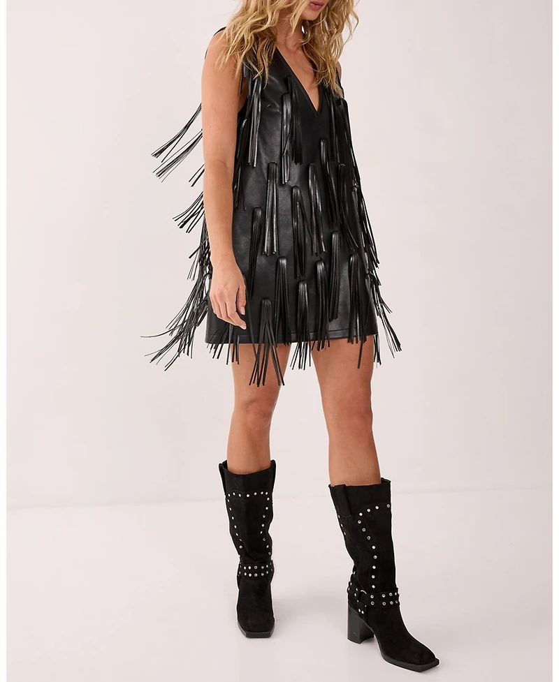 Nasty Gal Women's Faux Leather Tassel Plunge Mini Dress