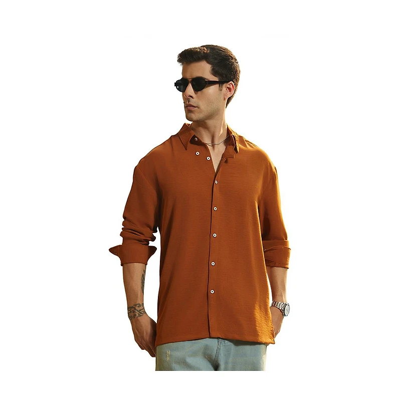 Campus Sutra Men's Rust Orange Breezy Wrinked Shirt