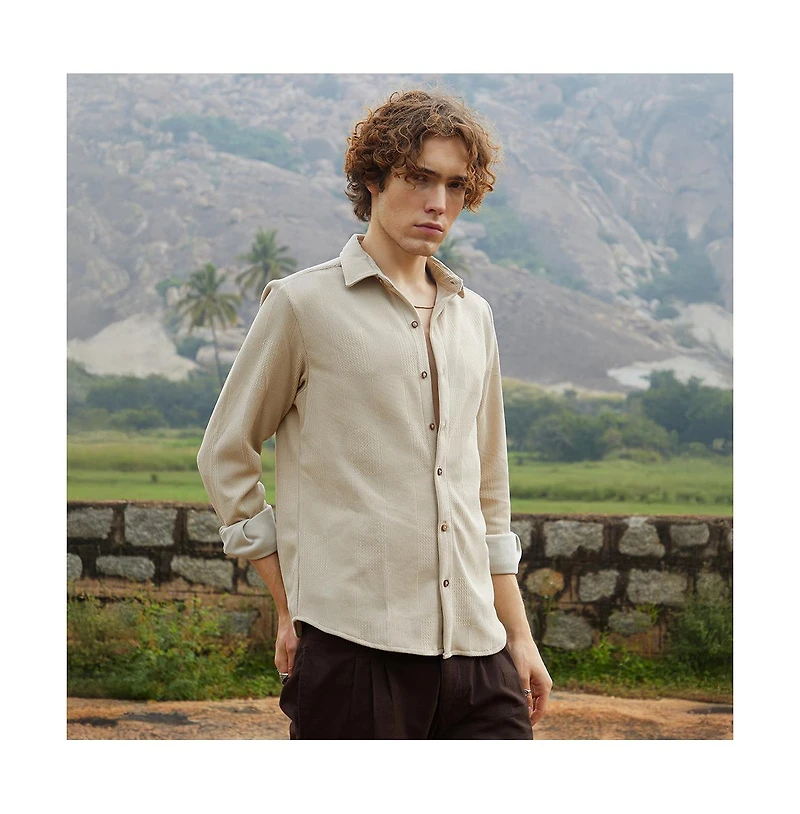 Campus Sutra Men's Saltbox Beige Solid Knit Shirt