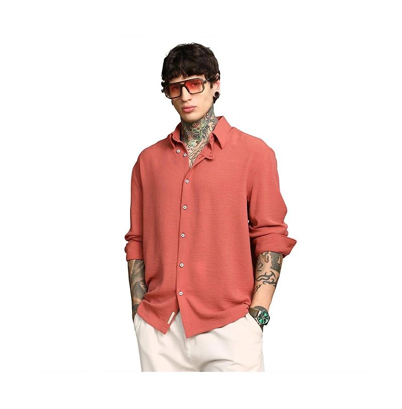 Campus Sutra Men's Coral Orange Breezy Wrinked Shirt