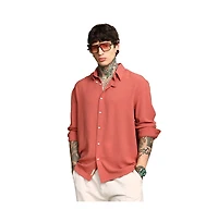 Campus Sutra Men's Coral Orange Breezy Wrinked Shirt