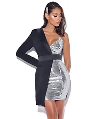 Miss Circle Women's Silver Night Sequin Crepe Tuxedo Blazer Dress