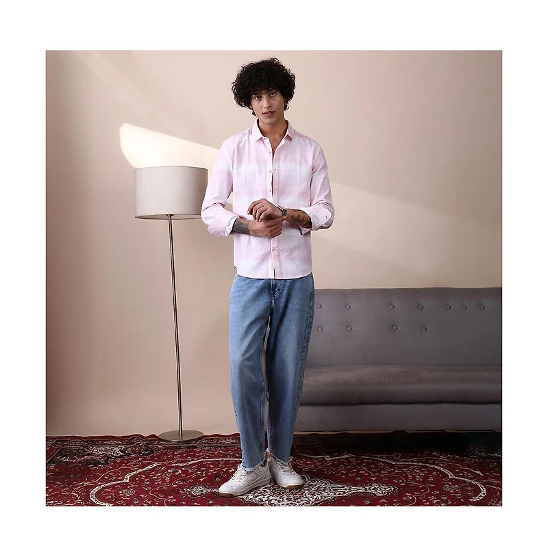 Campus Sutra Men's Rose Pink & Daisy White Velobrush-Tactile Shirt