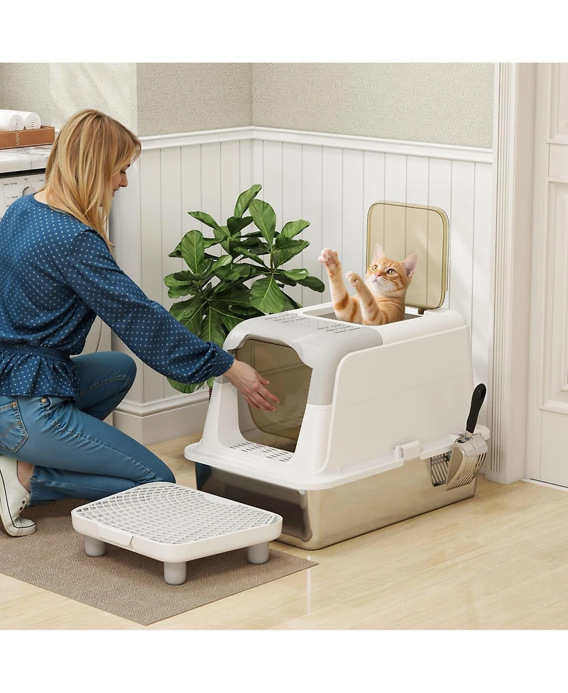 PawHut Stainless Steel Litter Box with Lid, Extra Large Cat Litter Box