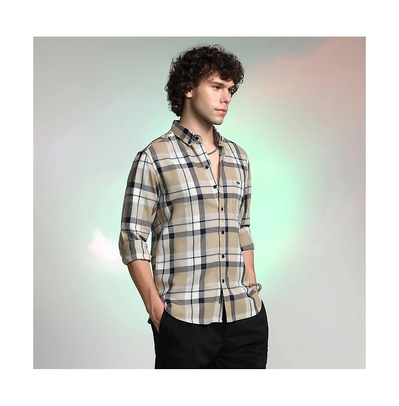 Campus Sutra Men's Sand Beige Shadow-Checkered Shirt