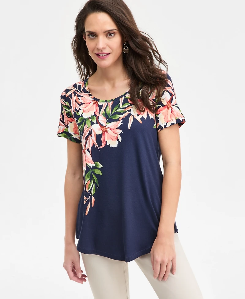 Jm Collection Women's Printed Scoop-Neck Short Sleeve Top, Macy's Exclusive
