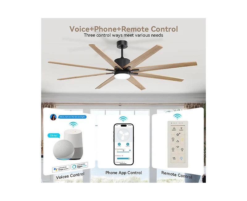 76-inch Modern and Simple Black 8-Blade Ceiling Fans with Remote Control and Lighting Kit