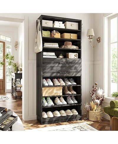 Aheaplus 8-Tier Shoe Rack with 2 Drawers, 80'' High Wooden Shoe Cabinet with Adjustable Shelves