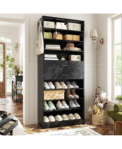 Aheaplus 8-Tier Shoe Rack with 2 Drawers, 80'' High Wooden Cabinet Adjustable Shelves