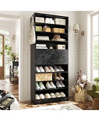 Aheaplus 8-Tier Shoe Rack with 2 Drawers, 80'' High Wooden Cabinet Adjustable Shelves