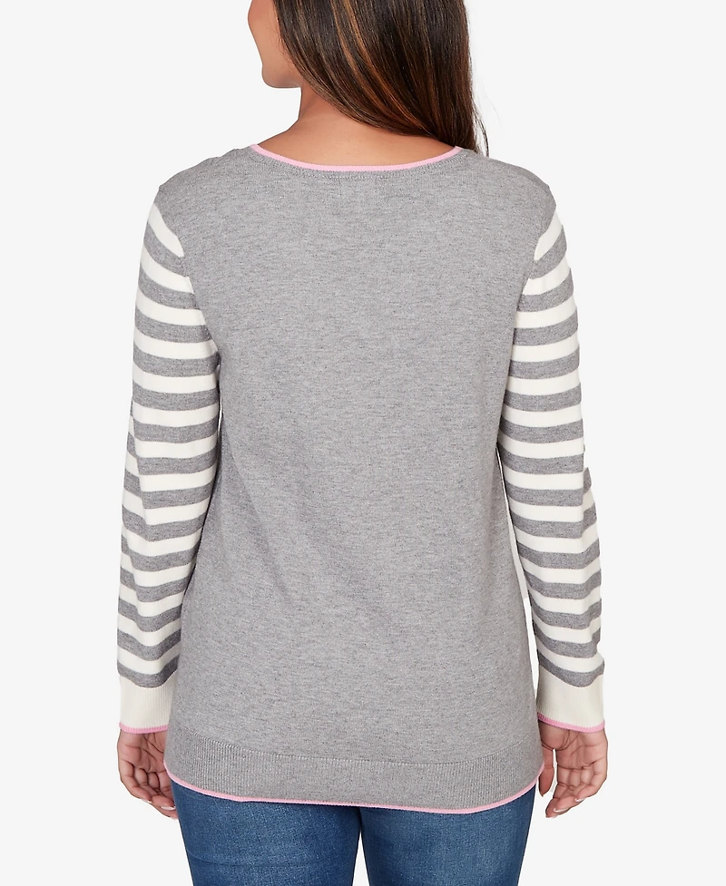 Ruby Rd. Petite Maltese Puppy Striped Sleeve Pullover Sweater