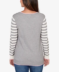 Ruby Rd. Petite Maltese Puppy Striped Sleeve Pullover Sweater