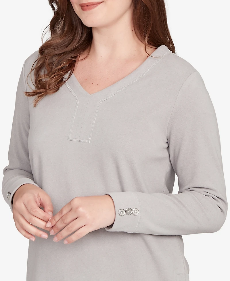 Ruby Rd. Petite Luxe Rib V-Neck Button Accent Knit Top
