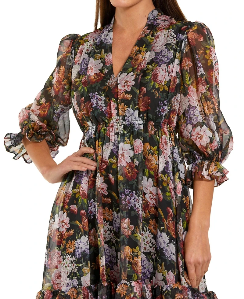 Mac Duggal Women's Chiffon 3/4 Sleeve A Line Midi Dress With Ruffles