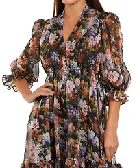 Mac Duggal Women's Chiffon 3/4 Sleeve A Line Midi Dress With Ruffles