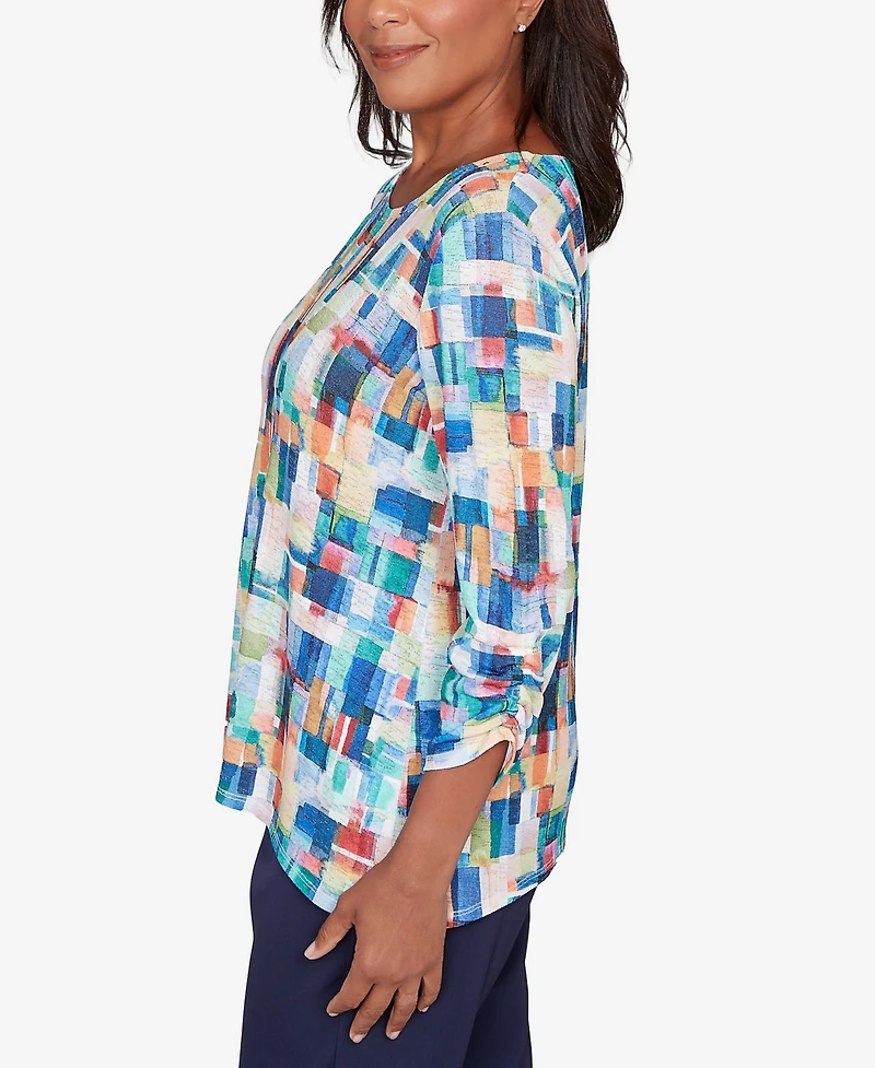 Alfred Dunner Women's Saratoga Springs Tile Print Colorblock Textured Top