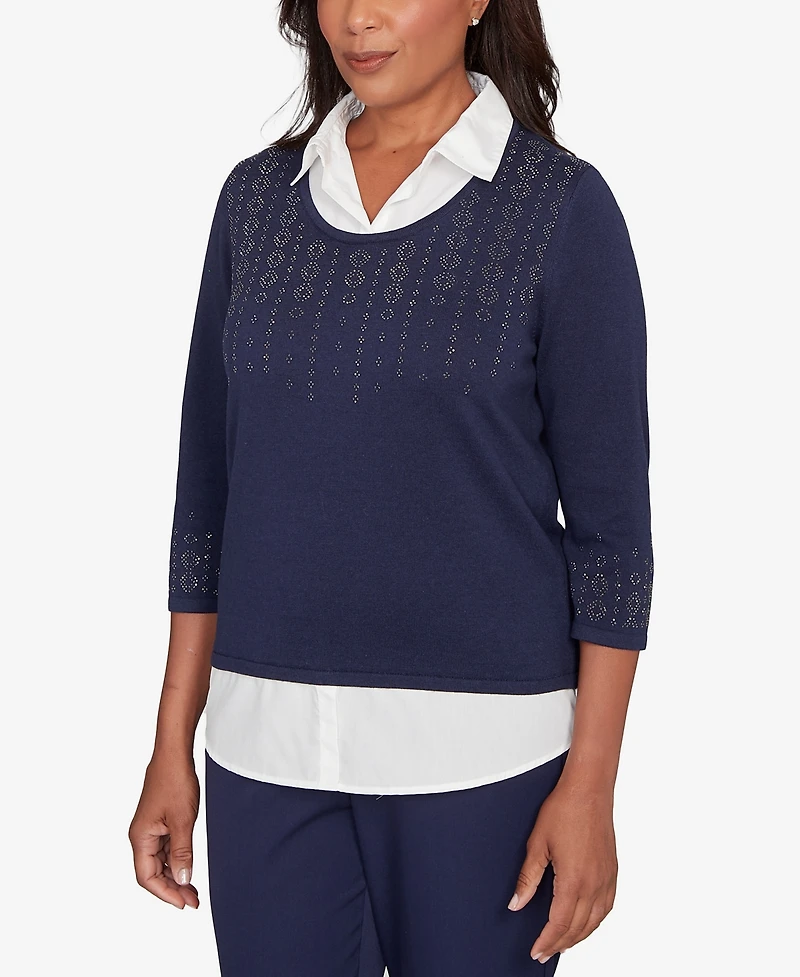 Alfred Dunner Women's Saratoga Springs Metallic Studded Textured Two One Sweater