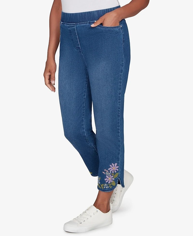Alfred Dunner Women's Hilton Head Cross Stitch Flower Embroidery Ankle Pants