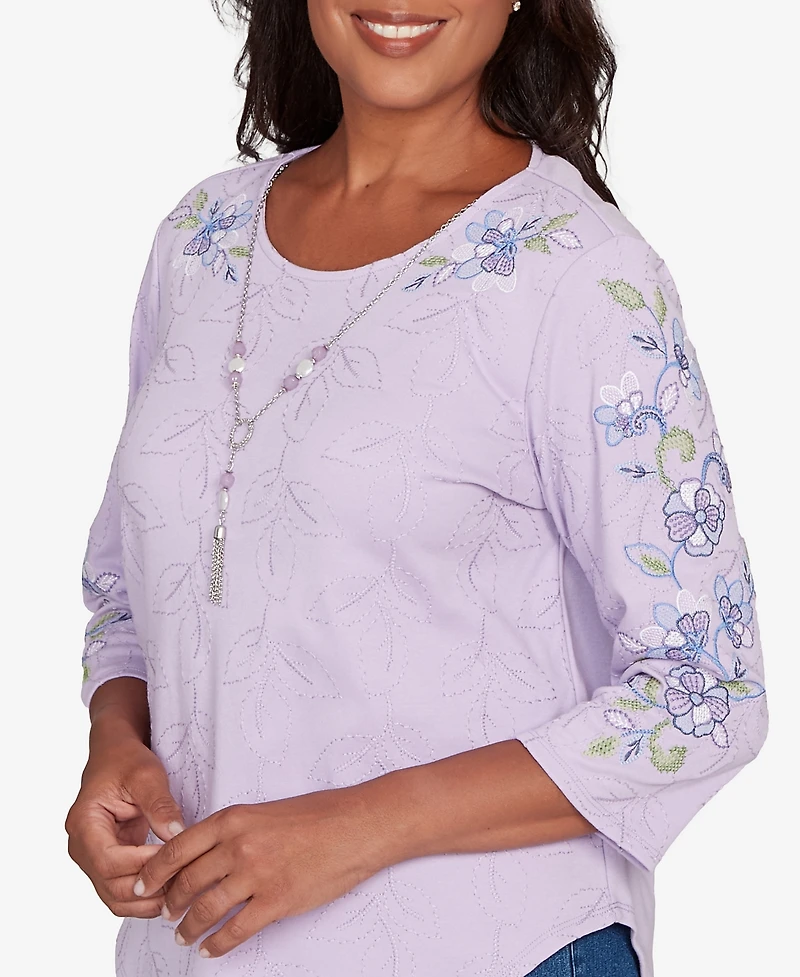 Alfred Dunner Women's Hilton Head Embroidered Sleeve Textured Top with Necklace