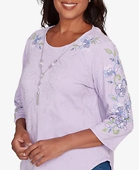 Alfred Dunner Women's Hilton Head Embroidered Sleeve Textured Top with Necklace