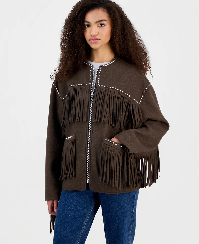 Blank Nyc Women's Fringe Benefits Studded Jacket