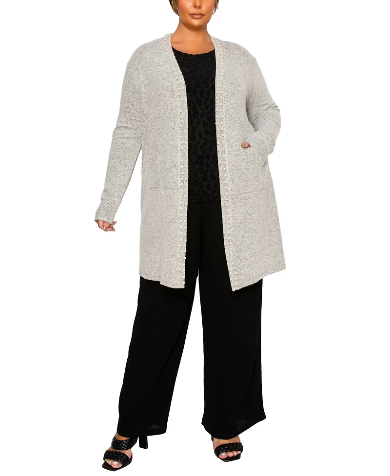 Coin 1804 Plus Cozy Pocket Cardigan Sweater with Cultivated Pearls