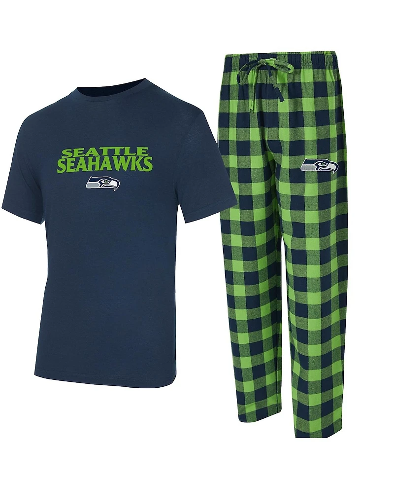 Concepts Sport Men's College Navy/Neon Green Seattle Seahawks Avondale T-Shirt and Flannel Pants Set
