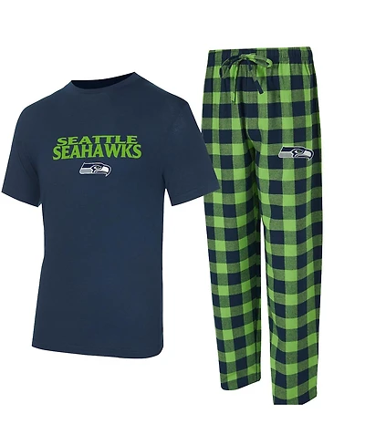 Concepts Sport Men's College Navy/Neon Green Seattle Seahawks Avondale T-Shirt and Flannel Pants Set