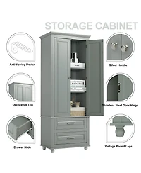 Airsurfer Tall Storage Cabinet with Two Drawers Grey Freestanding Organizer for Bathroom Office Living Room or Bedroom
