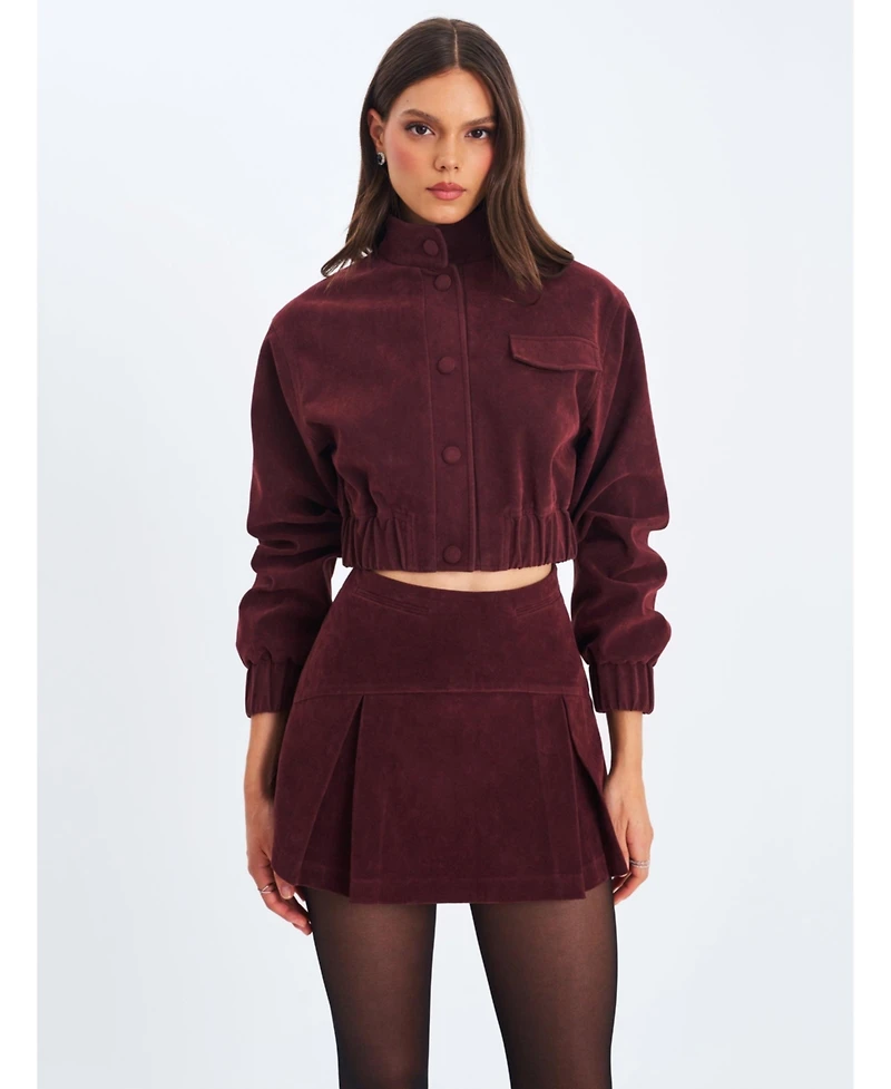 Miss Circle Women's Faryn Mahogany Faux Suede Pleated A-Line Mini Skirt