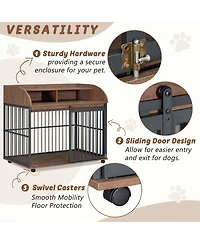 44 Inch Heavy Duty Large Dog Crate Furniture Wooden Dog Kennel End Table Crate with Lockable Wheels and Double Layer Storage Brown
